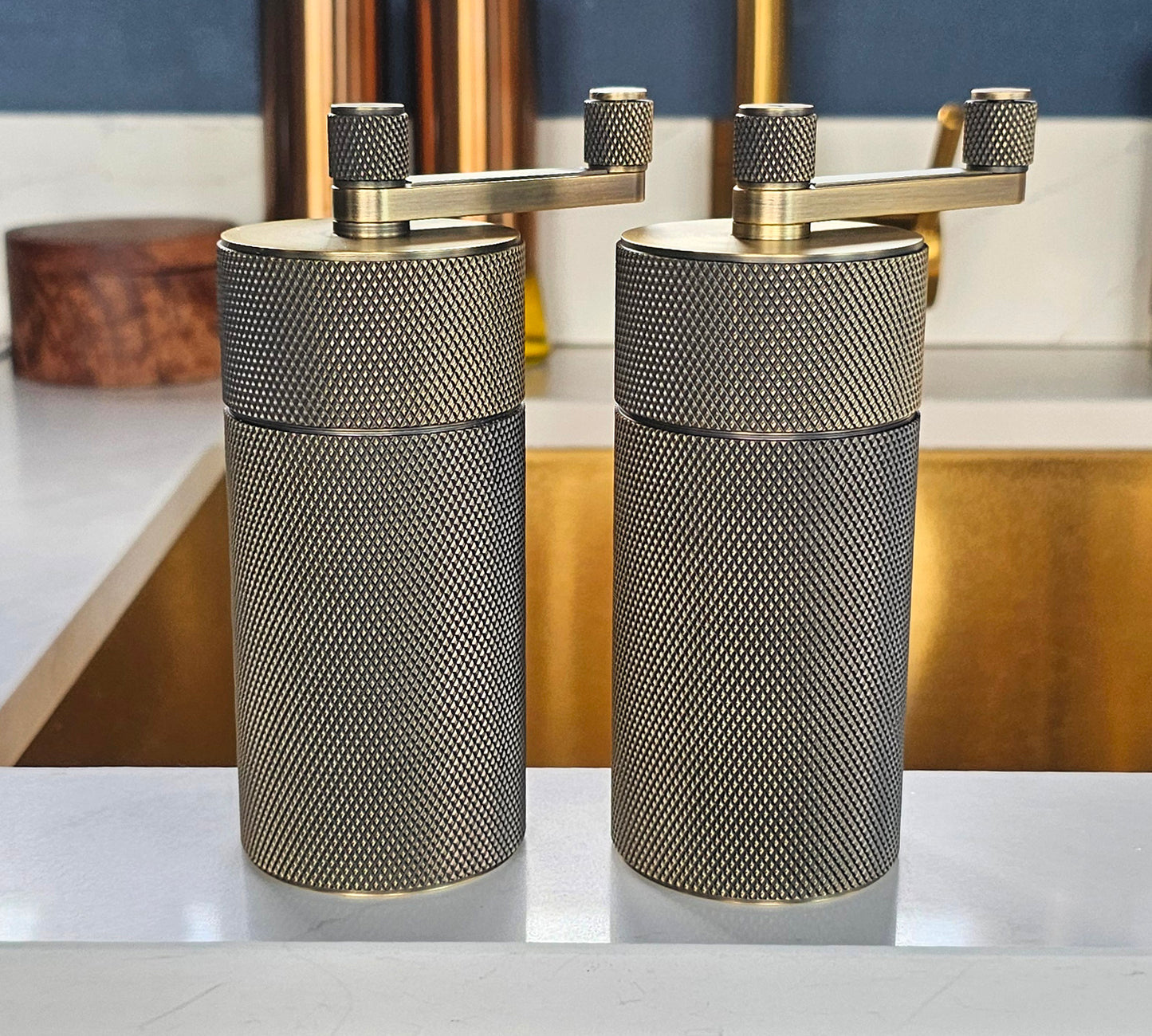 Solid Brass Salt & Pepper Mill / Grinder – Antique Brass Knurled Finish